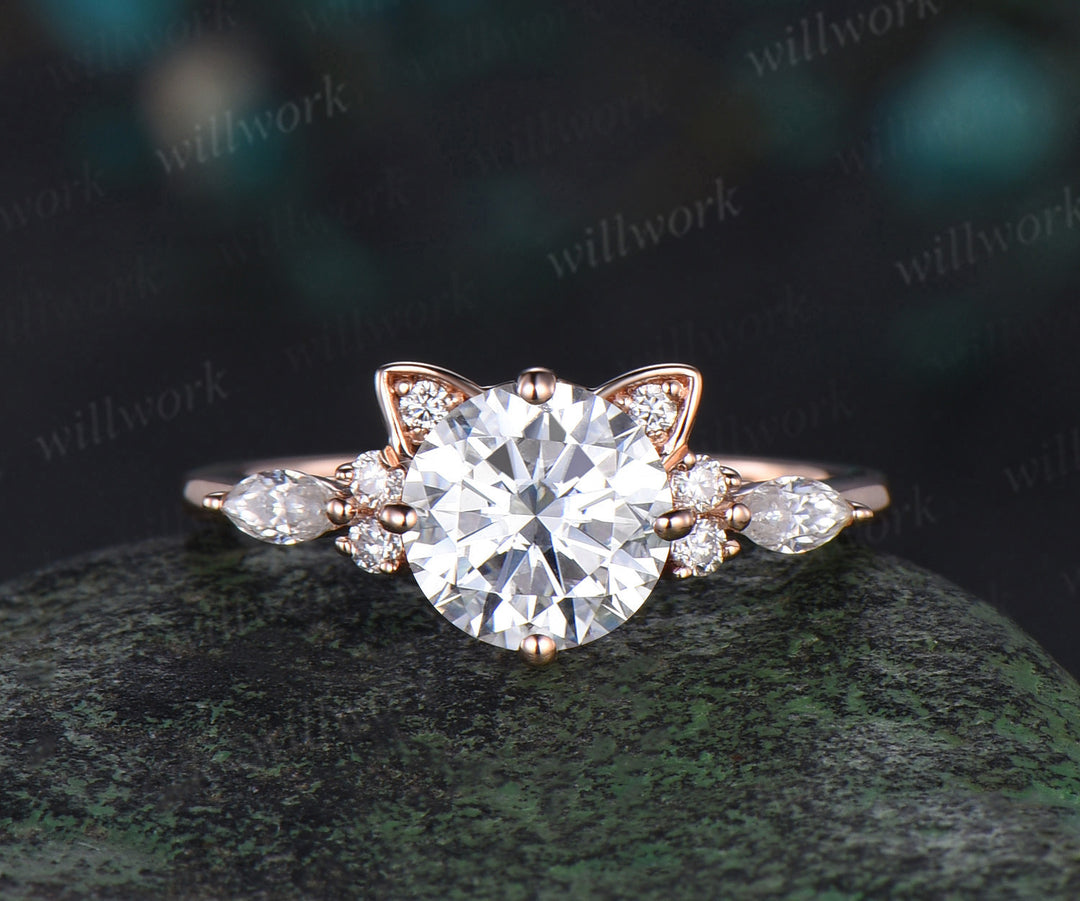 Round cut moissanite ring rose gold vintage unique cat engagement ring stacking diamond wedding promise ring set women