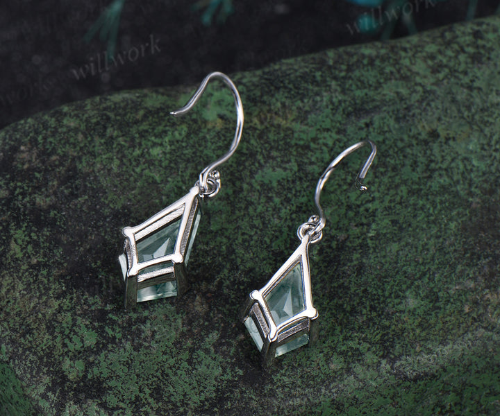 Kite cut moss agate stud earrings solid 14k white gold Solitaire Minimalist earrings anniversary gift for women