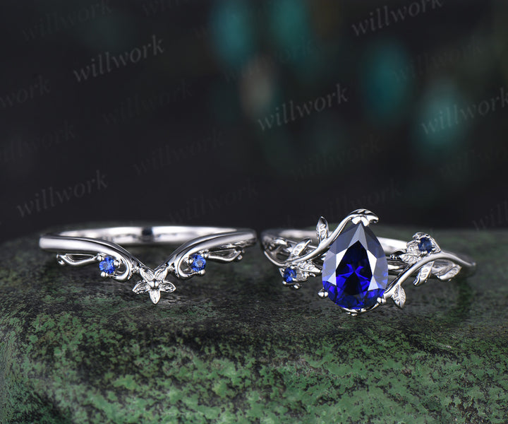 Pear cut sapphire engagement ring set vintage leaf nature inspired bridal set 14k white gold anniversary gift