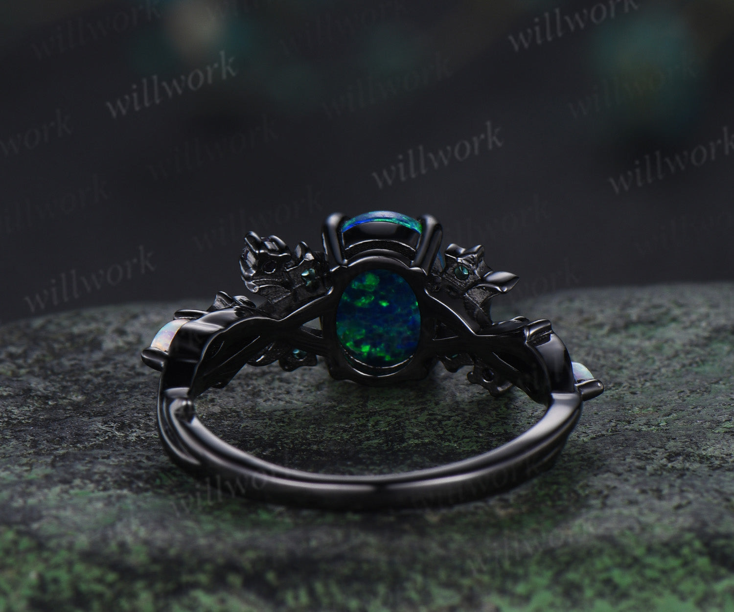 Unique Moon Star Black Opal Engagement Ring Magic Fire Opal