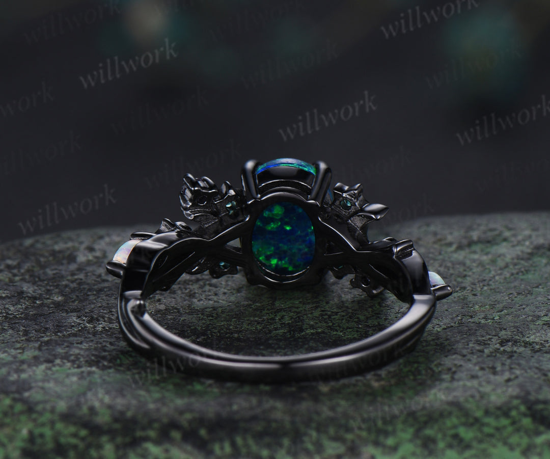 Unique Moon Star Black Opal Engagement Ring Magic Fire Opal Galaxy amethyst Emerald Amethyst ring black gold