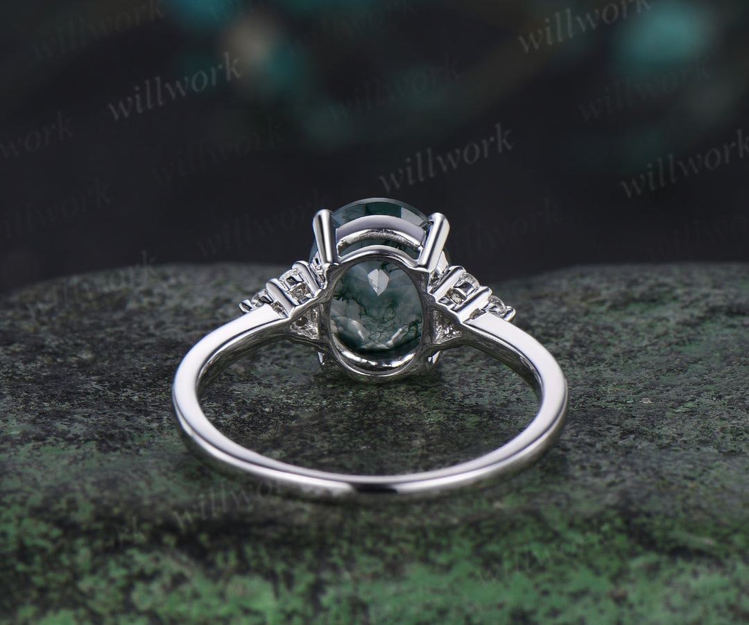 2ct Oval cut moss agate engagement ring women vintage white gold 7 stone diamond wedding anniversary ring gift