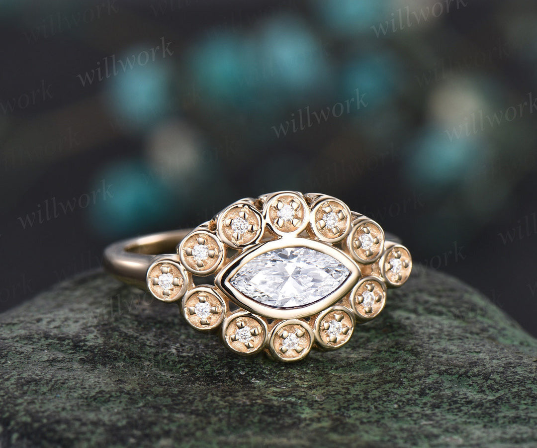 East to West Marquise Lab Grown Diamond Ring Bezel Set Halo Engagement Ring Unique Eye Shape Ring for Her