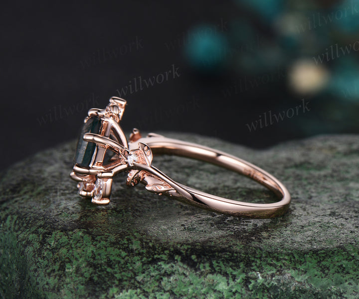 Hexagon cut moss agate ring twig nature inspired engagement ring rose gold leaf marquise diamond promise ring women