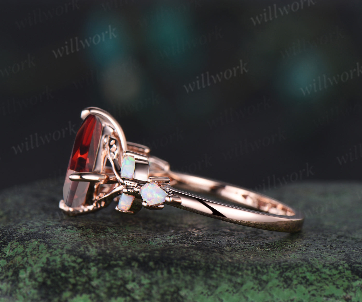Vintage kite cut red garnet engagement ring leaf kite opal ring