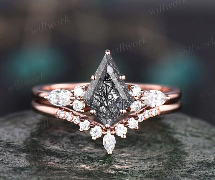 Kite cut black rutilated quartz ring engagement ring marquise rose gold 6 prong engagement ring women moissanite ring set promise ring set