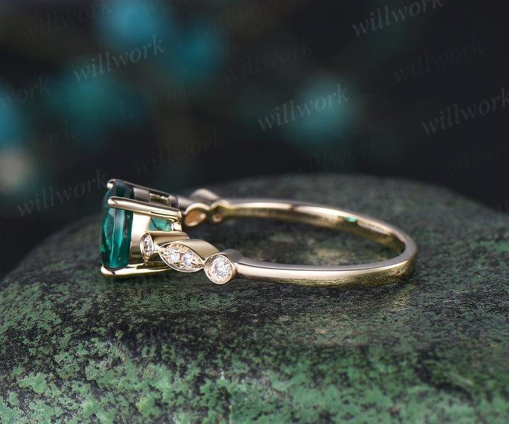 Green emerald engagement ring rose gold emerald ring gold May birthstone ring handmade vintage bridal marquise diamond wedding promise ring