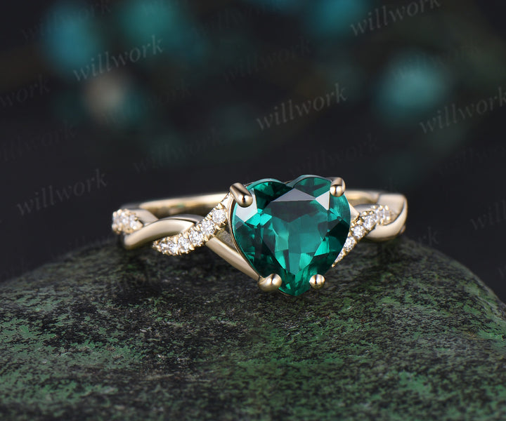 Vintage heart shaped green emerald engagement ring solid 14k yellow gold twisted infinity diamond wedding promise ring women jewelry