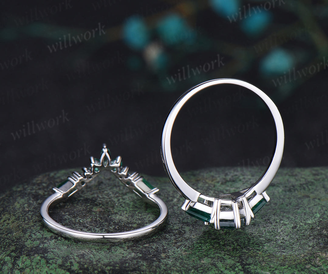 Long hexagon cut moss agate engagement ring 14k white gold three stone Trilliant Baguette emerald bridal ring set women