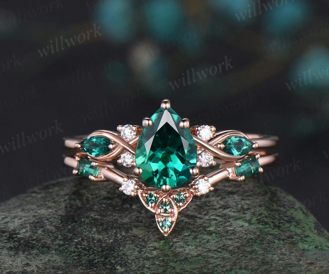 Pear cut green emerald engagement ring rose gold infinity twisted Celtic knot Baguette cut emerald ring women May birthstone ring gift