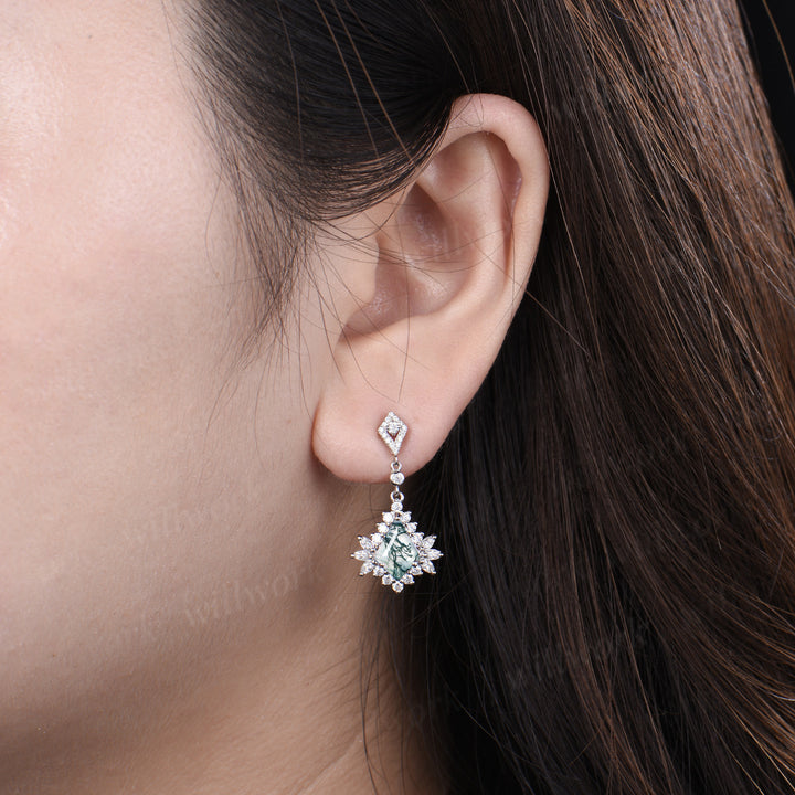 Enchanting kite cut moss agate earrings kite moissanite halo solid white gold earrings for women piercing jewelrys gifs for her