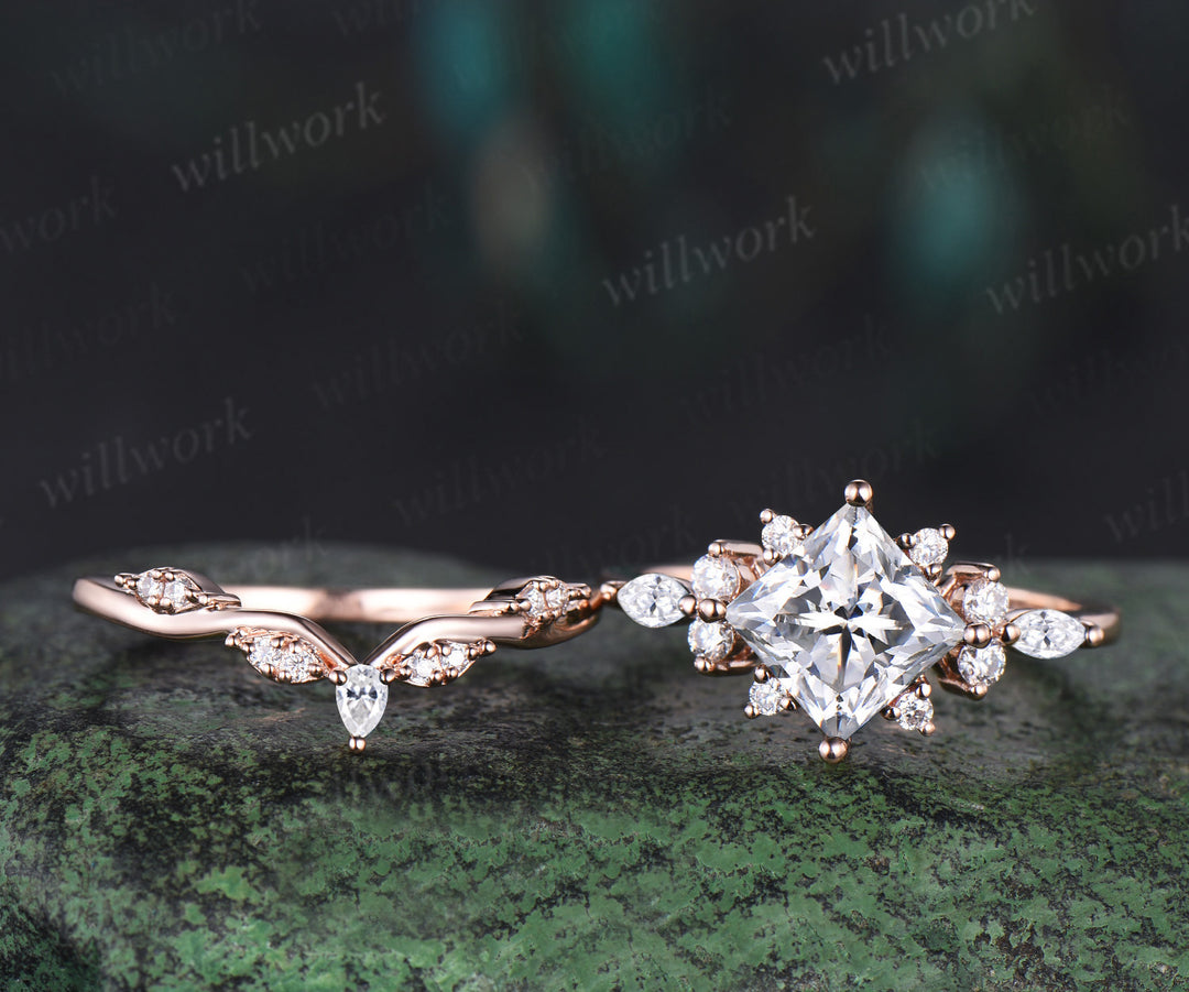 Pincess cut moissanite engagement ring set cluster diamond 14k rose gold ring women stacking unique promise wedding ring set