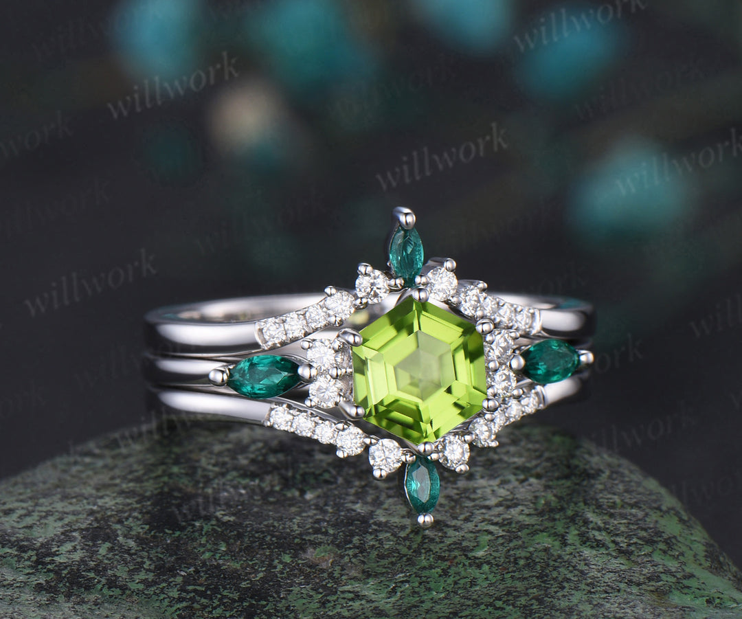 Hexagon cut peridot engagement ring set white gold August birthstone emerald moissanite stacking bridal set women
