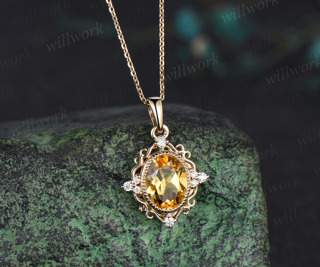 Vintage Oval Cut November Birthstone Natural Citrine Necklace Milgrain 14k yellow Gold Crystal Citrine Pendant Birthday Necklace Women