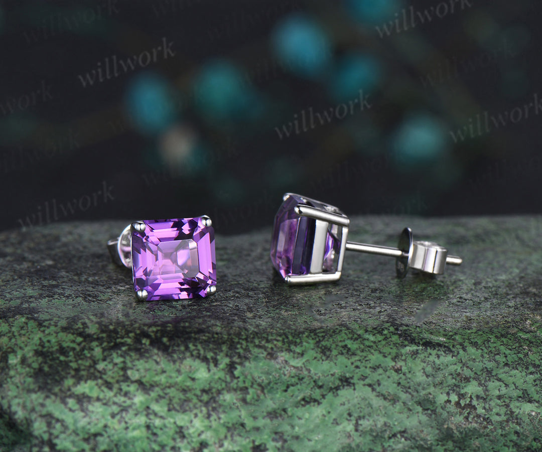 Solitaire Asscher Cut amethyst Earrings white gold Crystal Stud Earrings women February birthstone anniversary gift