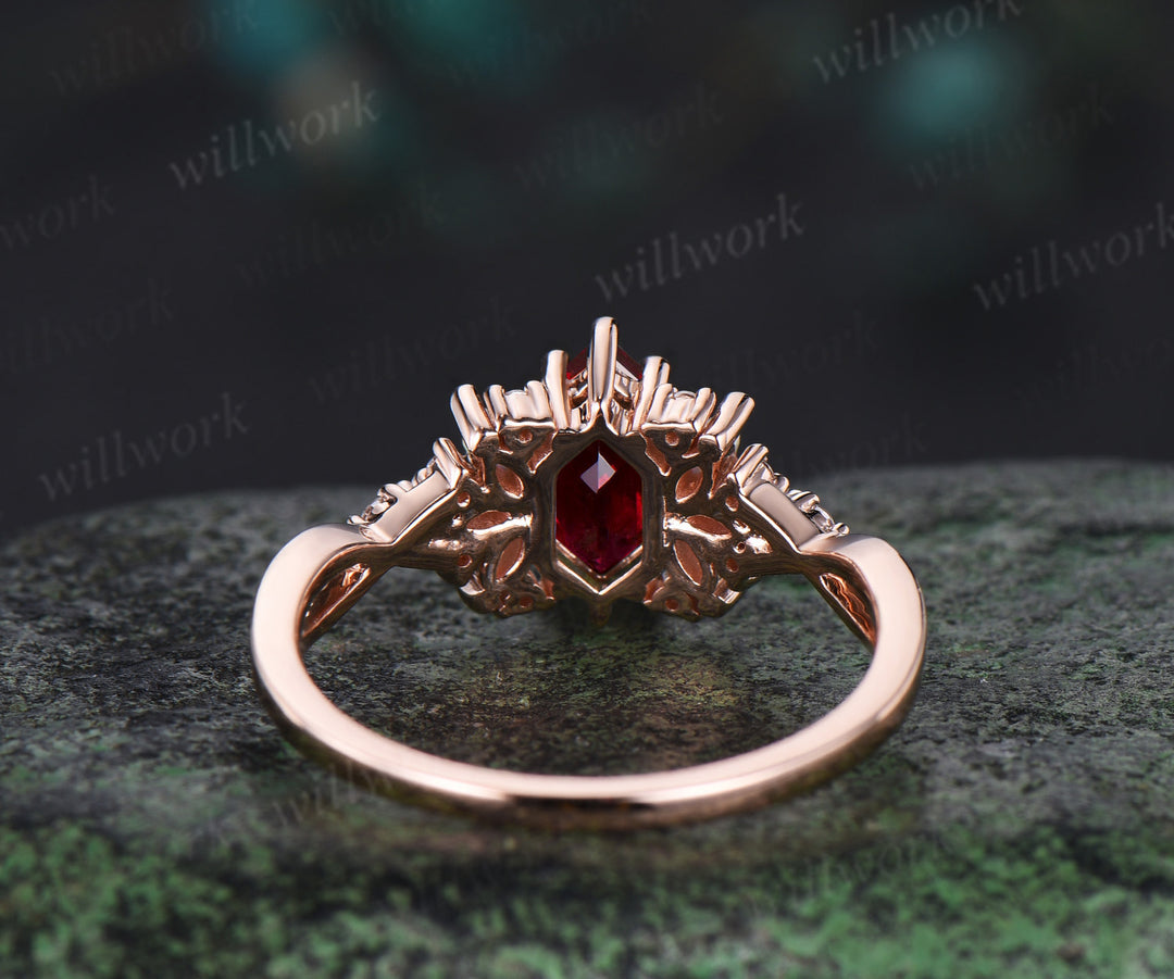 Long Hexagon cut garnet engagement ring rose gold women cluster opal diamond unique promise ring her infinity anniversary gfit