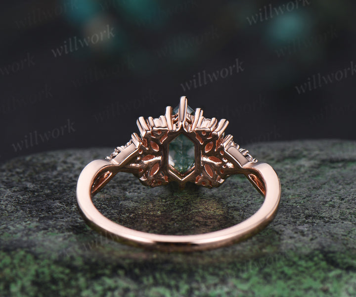 Vintage Long Hexagon cut green moss agate engagement ring cluster marquise cut opal wedding ring art deco infinity band ring for women