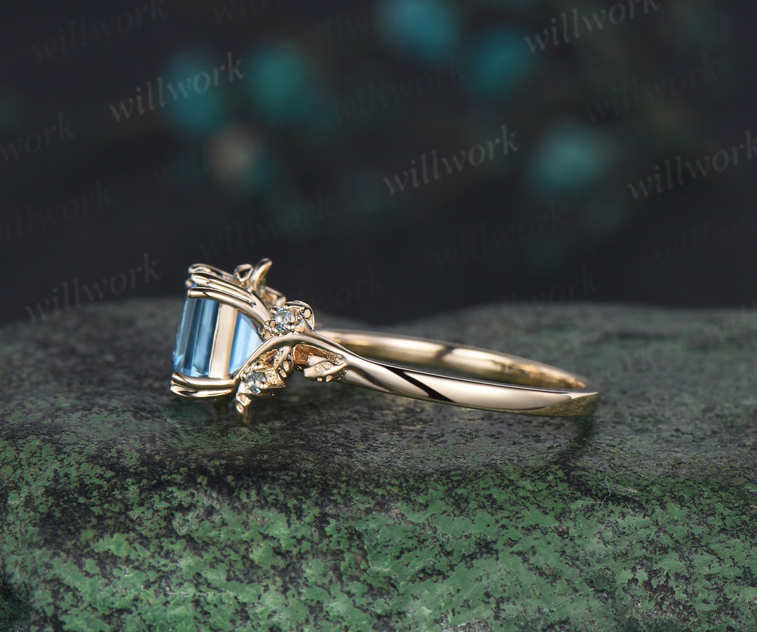 Ascher cut Swiss Blue topaz ring vintage yellow gold leaf nature inspired five stone unique engagement ring women gemstone gift