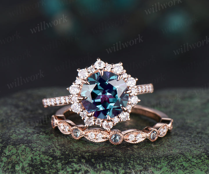 Round cut Alexandrite engagement ring set rose gold milgrain halo half eternity snowdrift diamond ring women unique moissanite bridal ring set