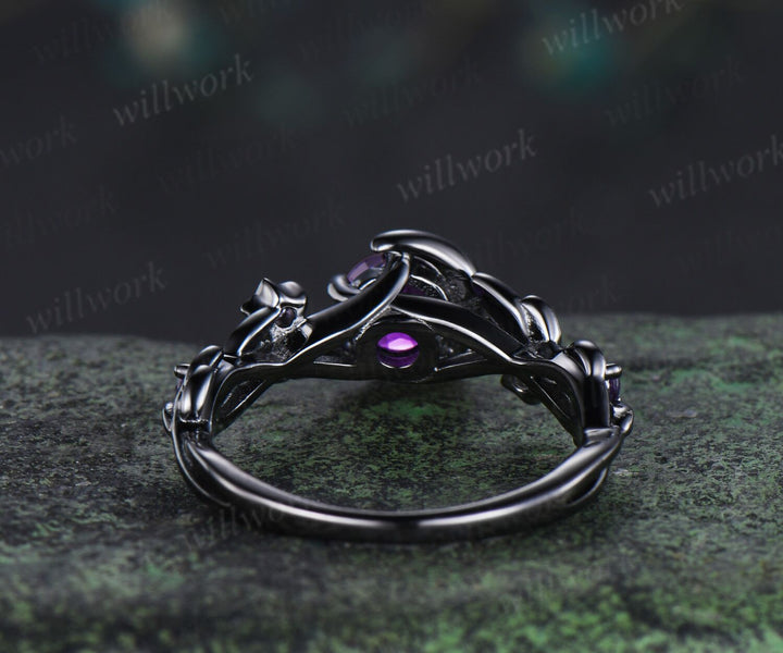 Nature Inspired Round Amethyst Engagement Ring Black Gold Moon Star Leaf Vine Promise Ring