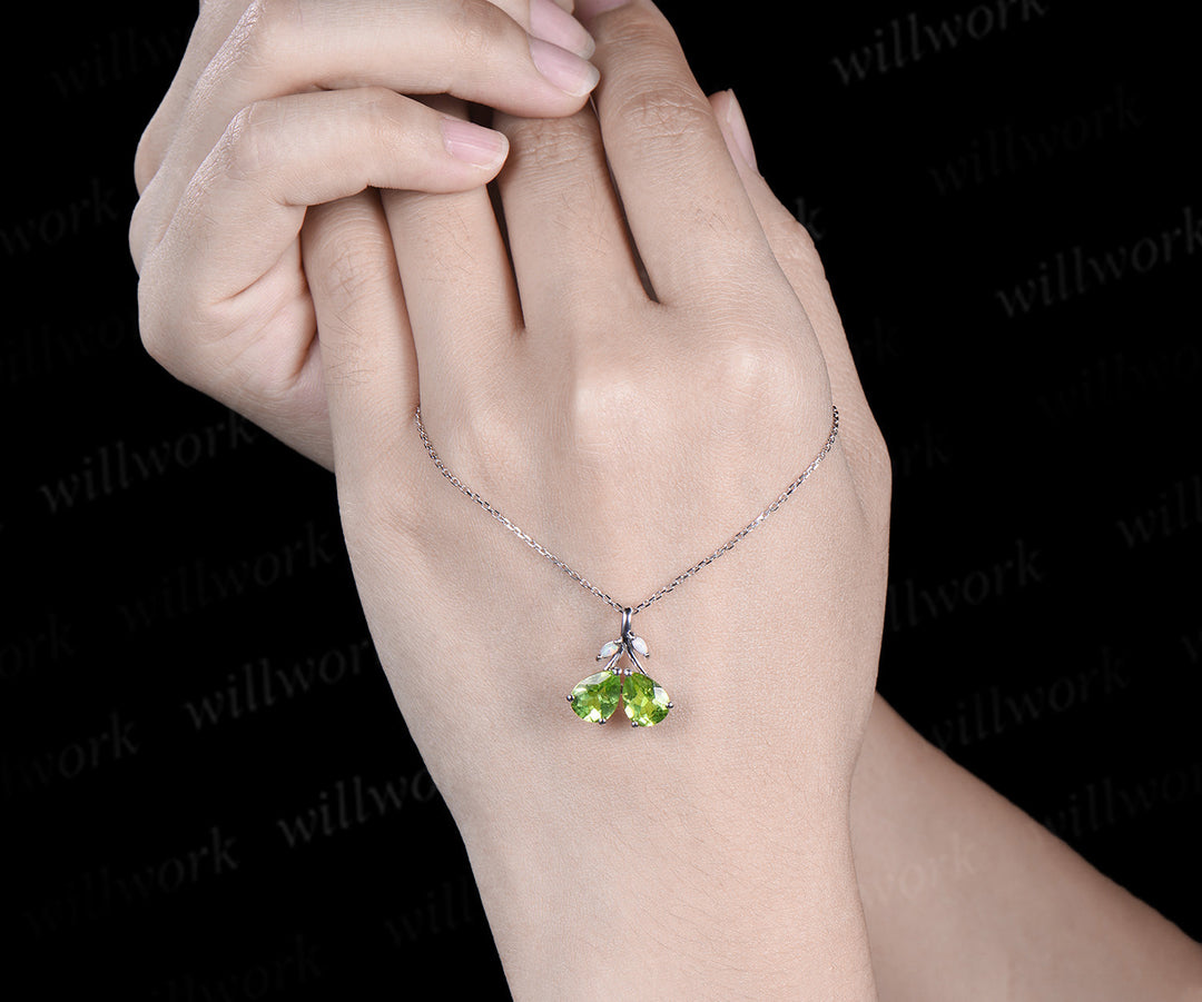 Pear Teardrop Cut Natural peridot Pendant Necklace Opal Leaf Twig Branch Couple August Birthstone Gift