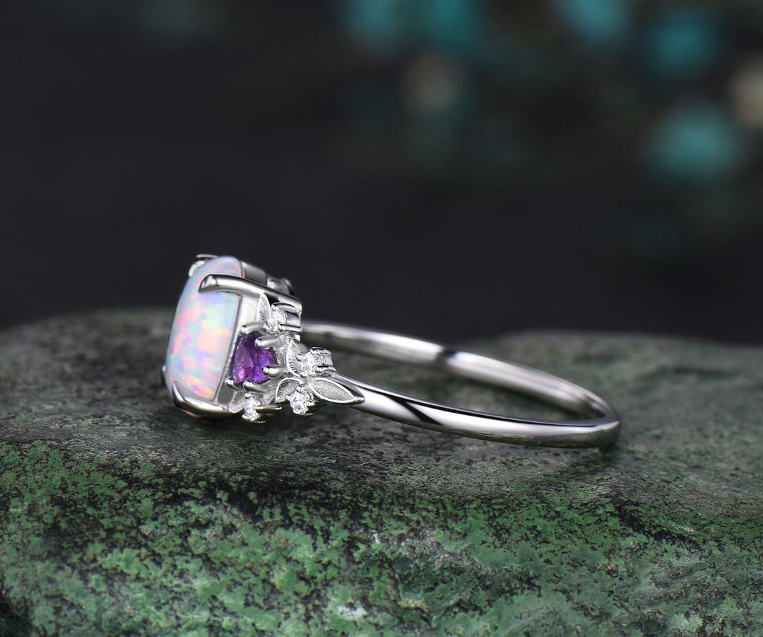 Oval opal ring vintage white gold leaf engagement ring Trilliant amethyst cluster moissanite wedding ring gift