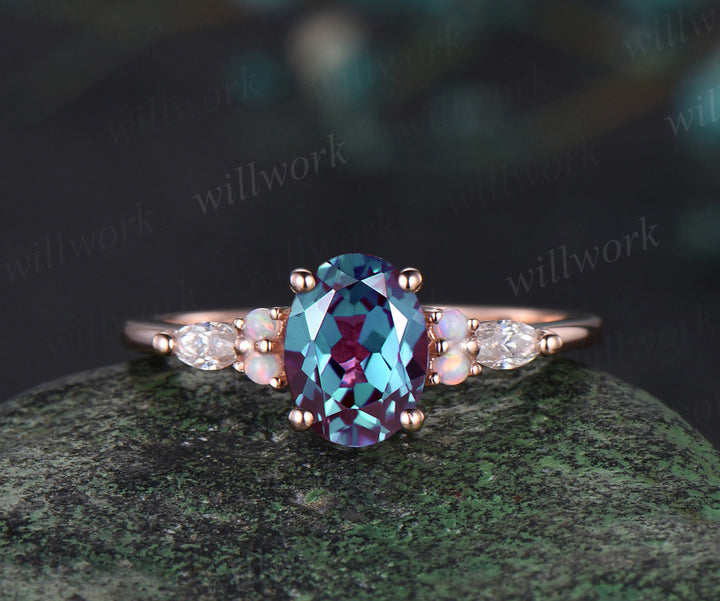 3pc oval cut alexandrite bridal set 18k rose gold alexandrite engagement ring set marquise opal stacking wedding set women