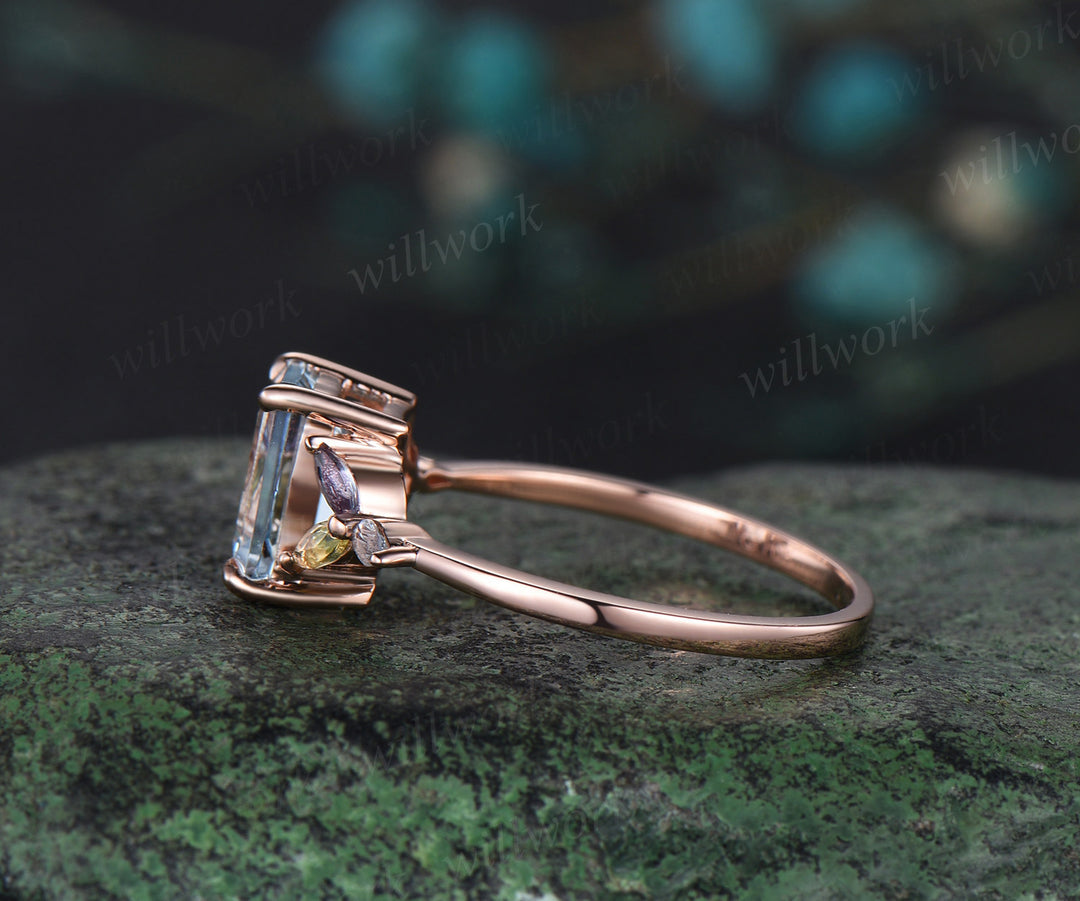 Emerald cut natural aquamarine engagement ring cluster alexandrite peridot ring 18k rose gold wedding ring gift