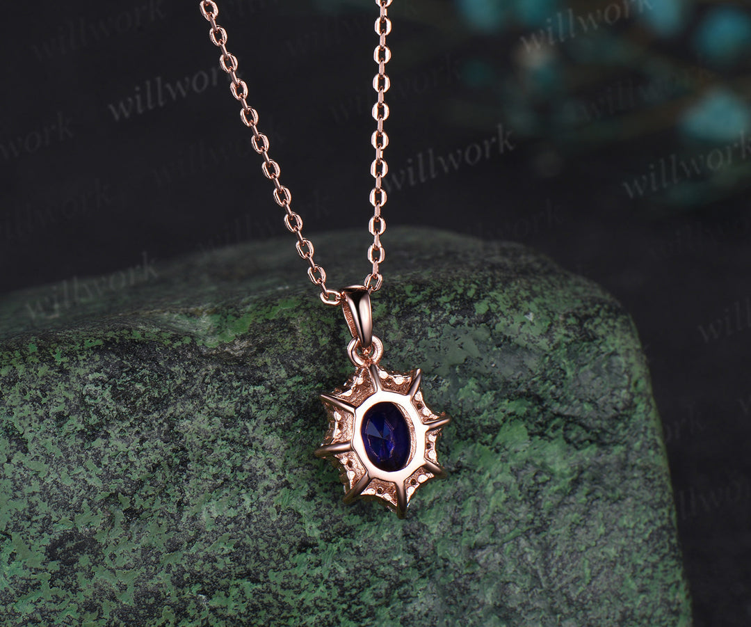 Vintage oval blue sapphire necklace solid 14k 18k rose gold halo snowdrift diamond pendant women September birthstone anniversary gift jewelry