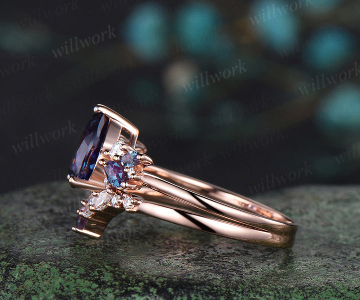 Pear cut Alexandrite engagement ring solid 14k rose gold cluster snowdrift diamond stacking wedding bridal ring set women