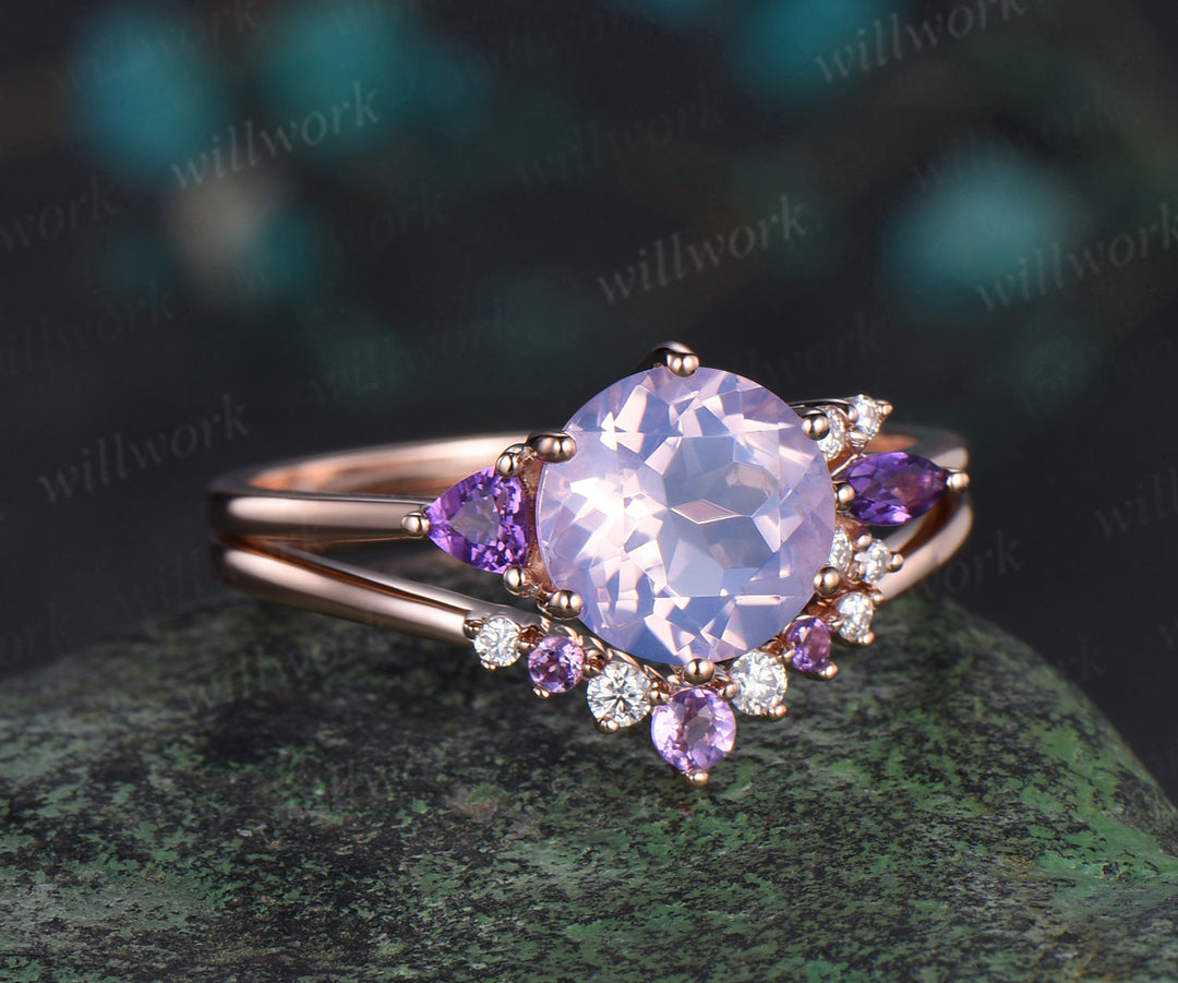 Round cut Lavender Amethyst engagement ring solid 14k rose gold Crystal cluster diamond bridal anniversary ring set women