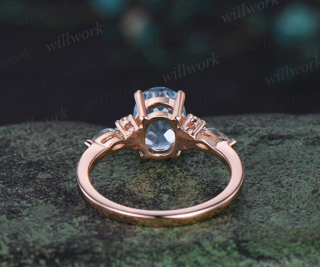 Oval cut aquamarine engagement ring solid 14k rose gold diamond ring March birthstone unique promise wedding ring women