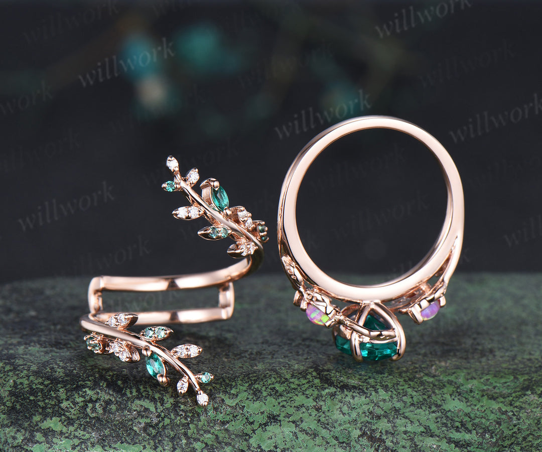 Vintage oval emerald engagement ring set marquise purple opal leaf ring marquise emerald moissanite vine wedding band bridal set