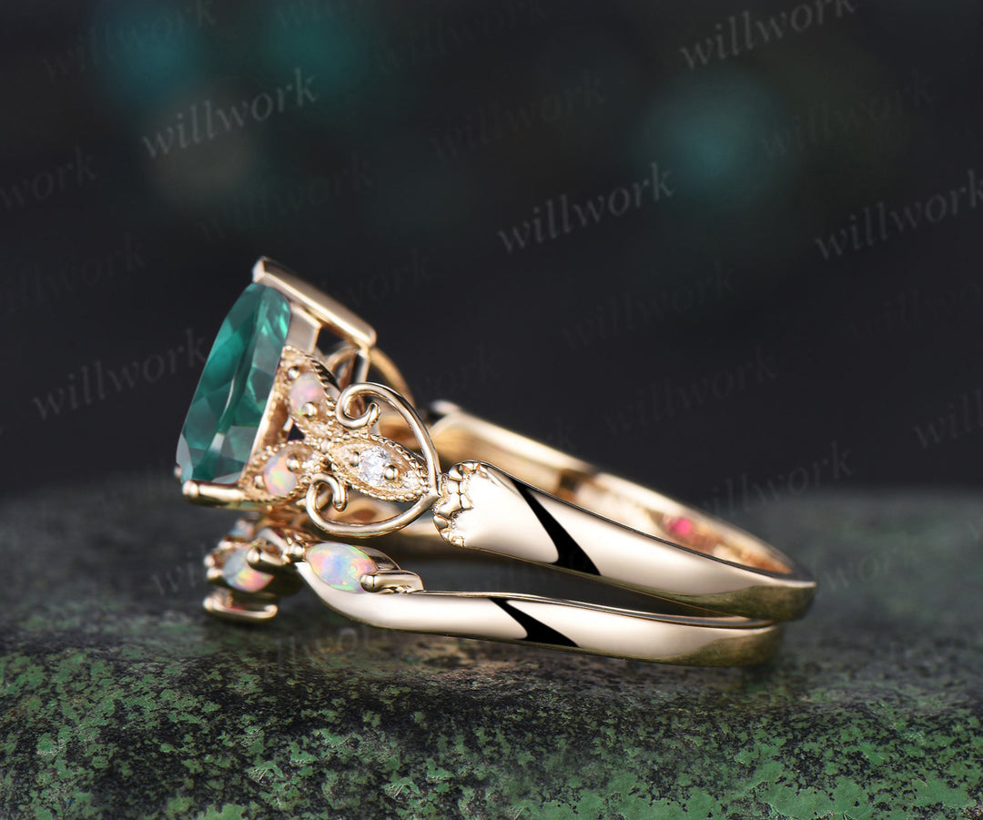 Pear shaped green emerald ring 14k yellow gold opal butterfly Milgrain engagement ring set women art deco unique wedding ring set