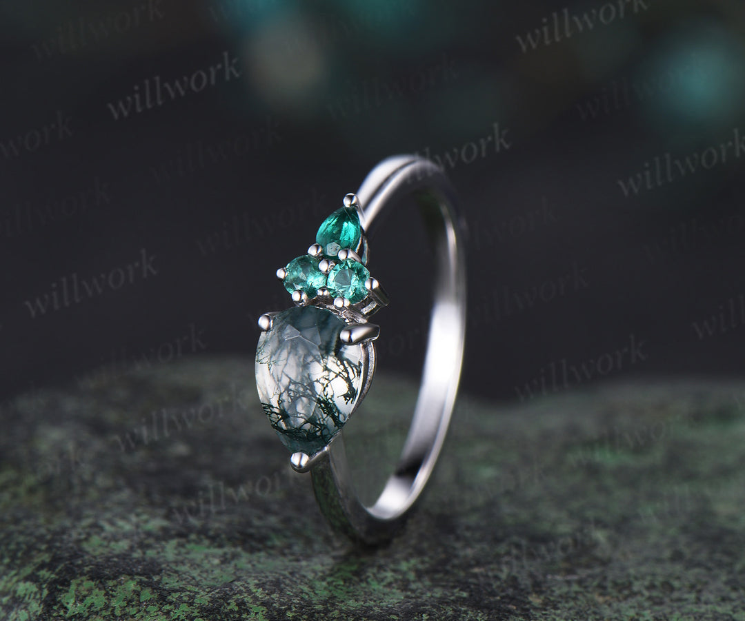 Pear cut moss agate ring white gold East to west emerald four stone unique engagement ring women dainty anniversary gift