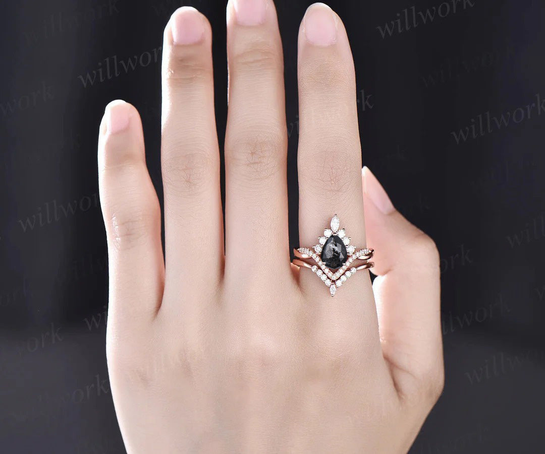 Vintage pear salt and pepper diamond engagement ring set twisted infinity diamond accented wedding bridal ring set women gifts