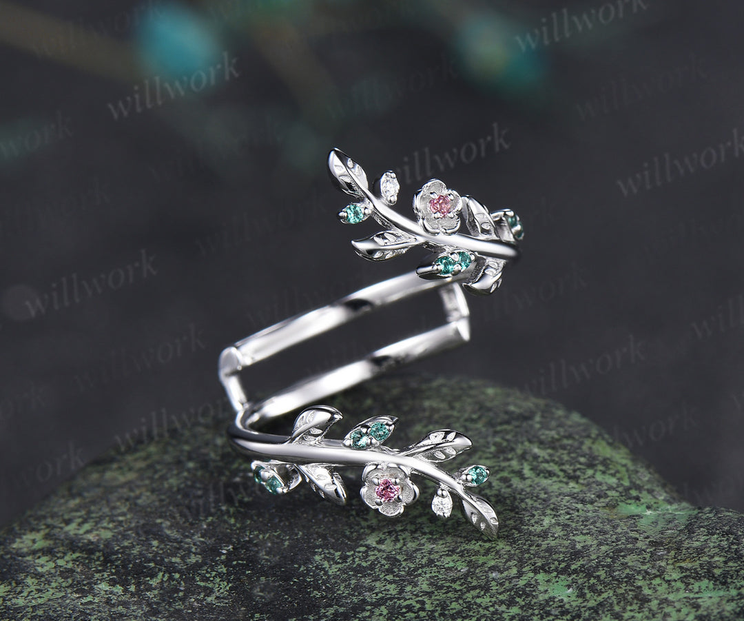Natural pink tourmaline emerald wedding band floral leaf vine enhancer band stacking ring open gap band