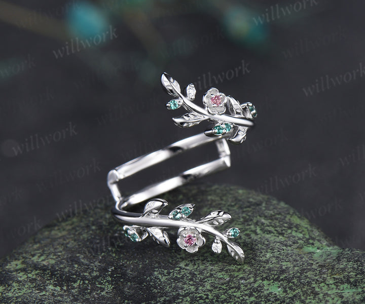 Natural pink tourmaline emerald wedding band floral leaf vine enhancer band stacking ring open gap band