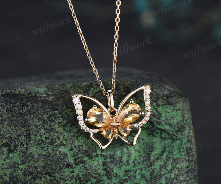Vintage pear citrine butterfly necklace solid 14k yellow gold cystal pendant hollow up butterfly diamond pendant necklace gifts for her