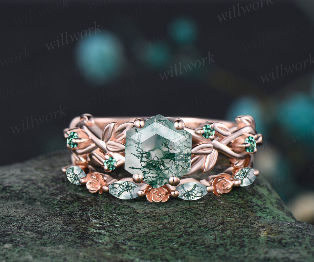 Hexagon Cut Natural Green Moss Agate Engagement Ring Set Leaf Flower V –  WILLWORK JEWELRY