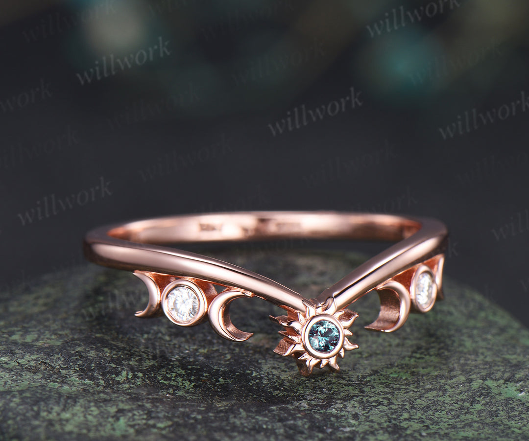 Dainty alexandrite sun moon wedding band bezel moissanite crescent curved stacking ring unique wedding ring for women