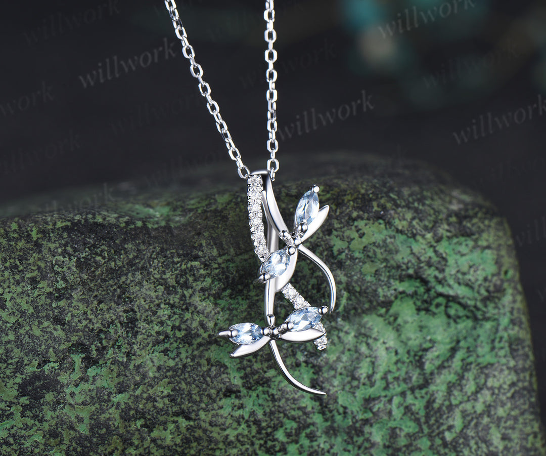 Aquamarine pendant necklace Elegant marquise aquamarine double dragonfly necklace moissanite accented pendant gifts for her