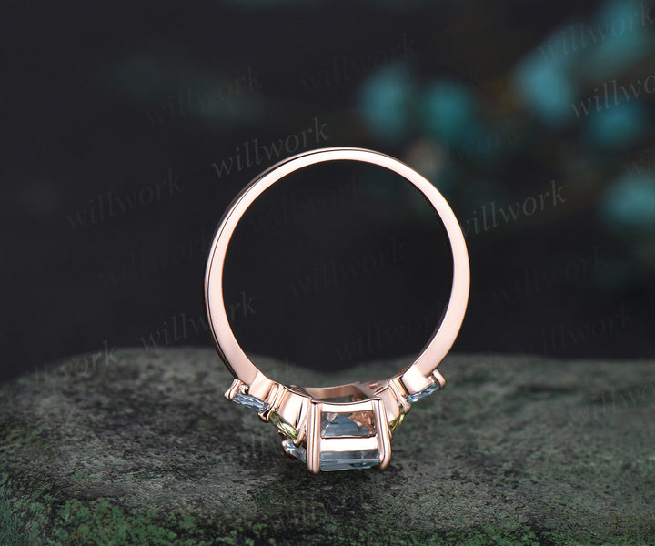 Emerald cut natural aquamarine engagement ring cluster alexandrite peridot ring 18k rose gold wedding ring gift