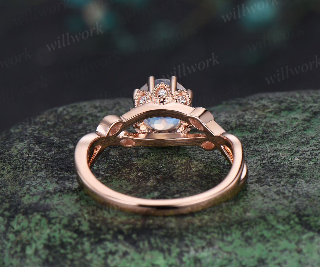 Vintage round rose cut moonstone engagement ring solid 14k rose gold infinity marquise leaf diamond wedding ring set women