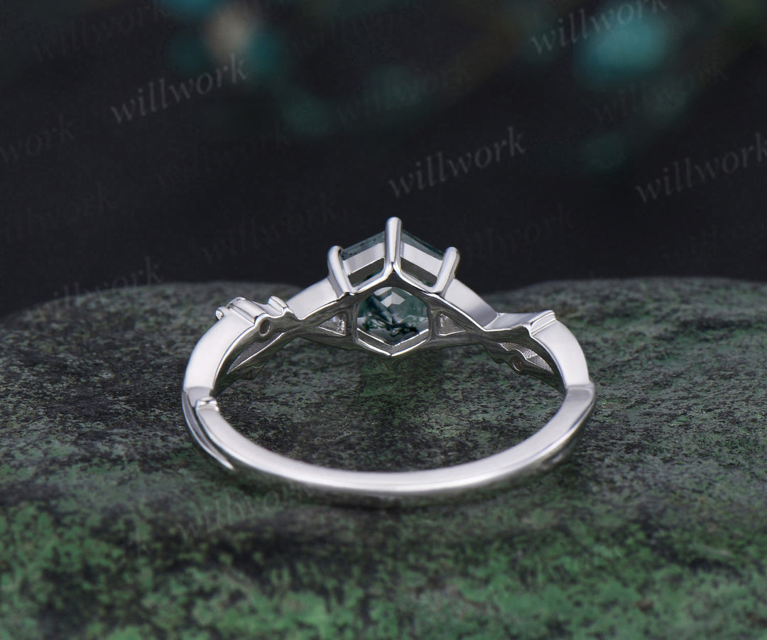 Vintage hexagon cut moss agate engagement ring white gold 6 prong branch infinity three stone diamond wedding ring women