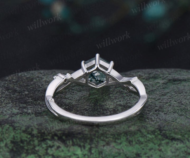 Vintage hexagon cut moss agate engagement ring white gold 6 prong branch infinity three stone diamond wedding ring women