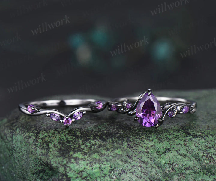 Nature Inspired Pear Amethyst Bridal Set Twisted Unique Twig Vine Teardrop Engagement Ring Set women