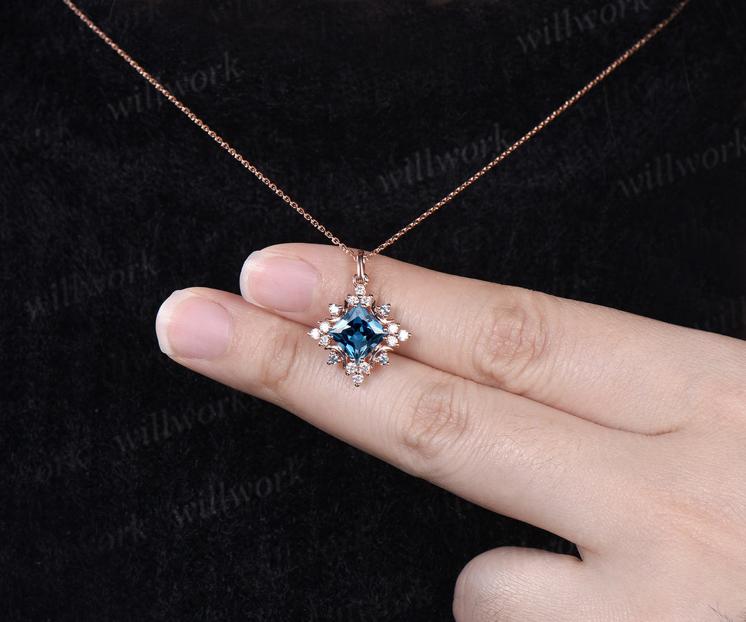 Celestial Moon Pendant Necklace Vintage Princess London Blue Topaz Necklace Square December Birthstone Pendant 14k Rose Gold