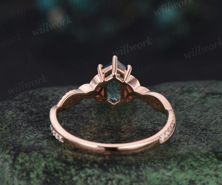 Long hexagon cut moss agate engagement ring 14k rose gold eternity Celtic knot diamond wedding ring women