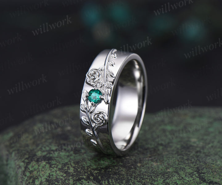 Round green emerald mens wedding band solid 14k white gold leaf floral wedding ring unique anniversary ring gift nature inspired Engagement Ring